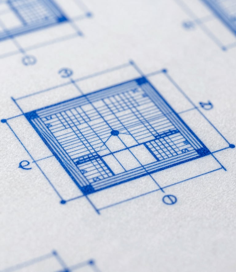 Macro close-up of a technical flat pattern with precise blue blueprint lines and measurements, architectural drafting style, bright natural light.