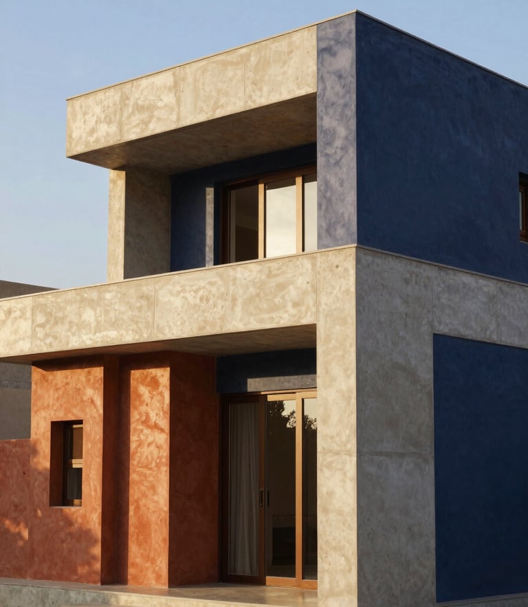 Warm architectural photography of a modern West African villa under bright golden-hour sunlight, clean concrete lines, terracotta clay accents, sharp focus, 35mm.