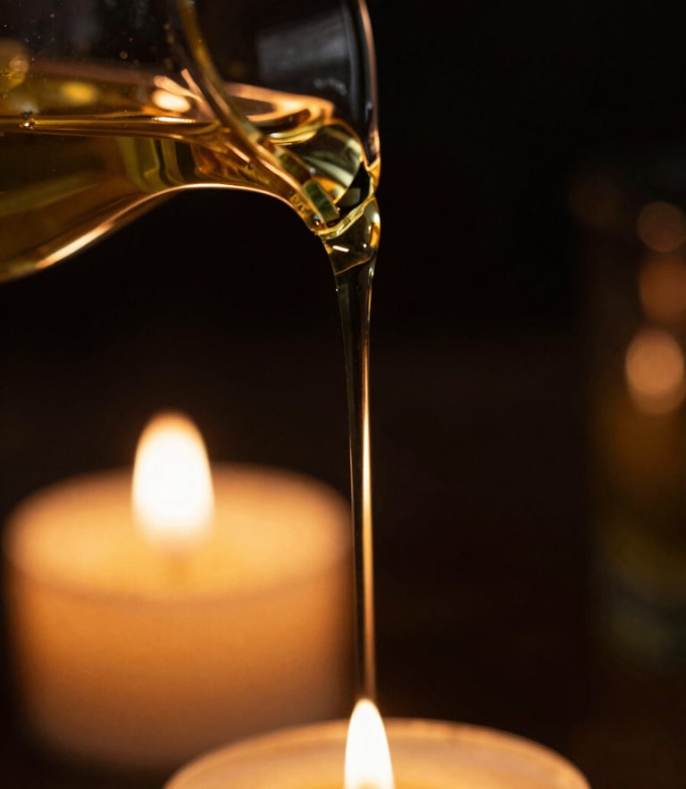 Macro detail of warm golden oil dripping from a glass vessel, dark obsidian background, soft candlelight glow, cinematic 35mm photography