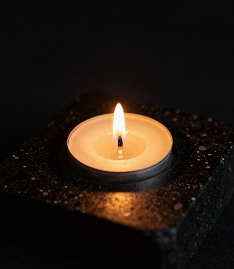 Macro detail of warm golden candle light reflecting on black obsidian stone, soft shadows, 35mm photography