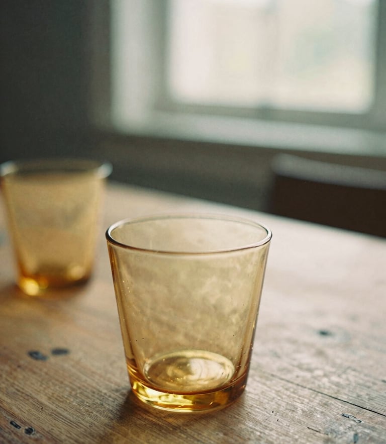 Close-up of vintage amber glassware catching soft golden-hour window light on a rustic wooden table, shallow depth of field, 35mm film