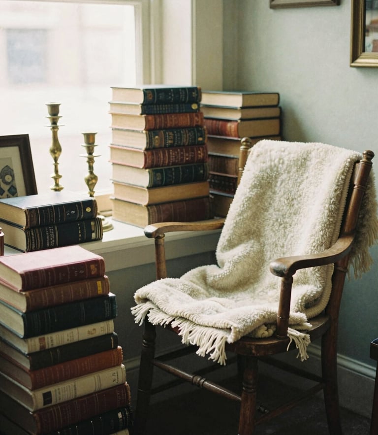 A cozy corner of an old antique shop filled with stacked vintage leather books, weathered brass candlesticks, and a soft wool blanket draped over a rustic wooden chair, warm diffused morning light, 35mm film