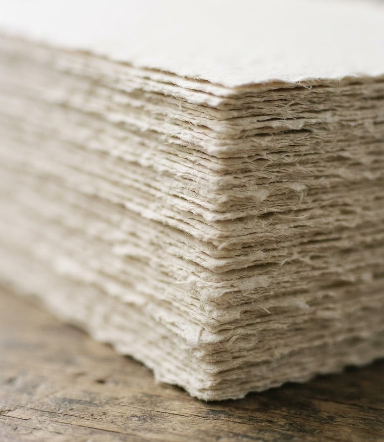 Macro shot of heavy-weight paper sheets stacked, soft north-facing daylight casting gentle shadows on the textured edges, 35mm photography
