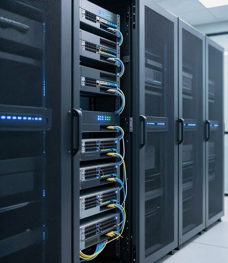 A clean, modern server room with glowing status lights, organized network cabling, sharp focus, cool slate tones.