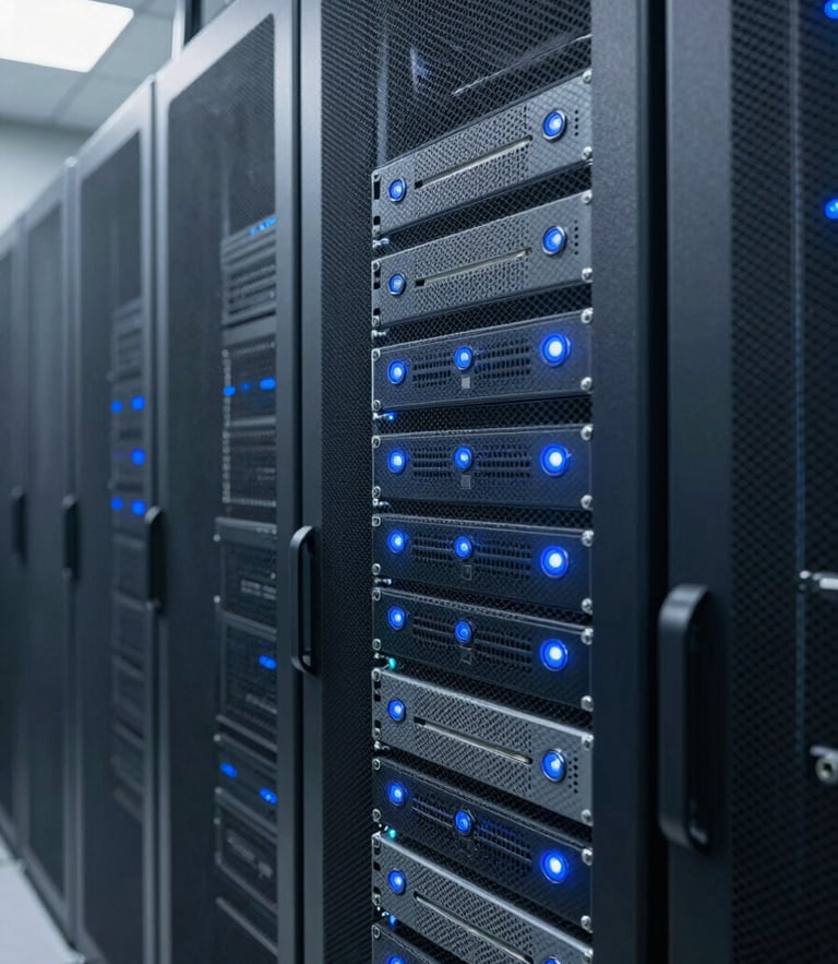 Crisp corporate photography of a modern server room with clean blue status lights, sharp focus, technical precision, cool daylight.