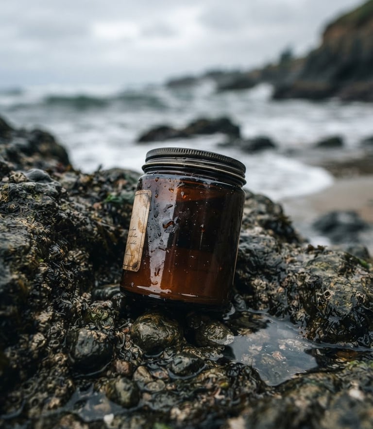 Moody close-up of dark amber glass jar on wet coastal rocks, soft morning daylight, macro depth of field, 35mm