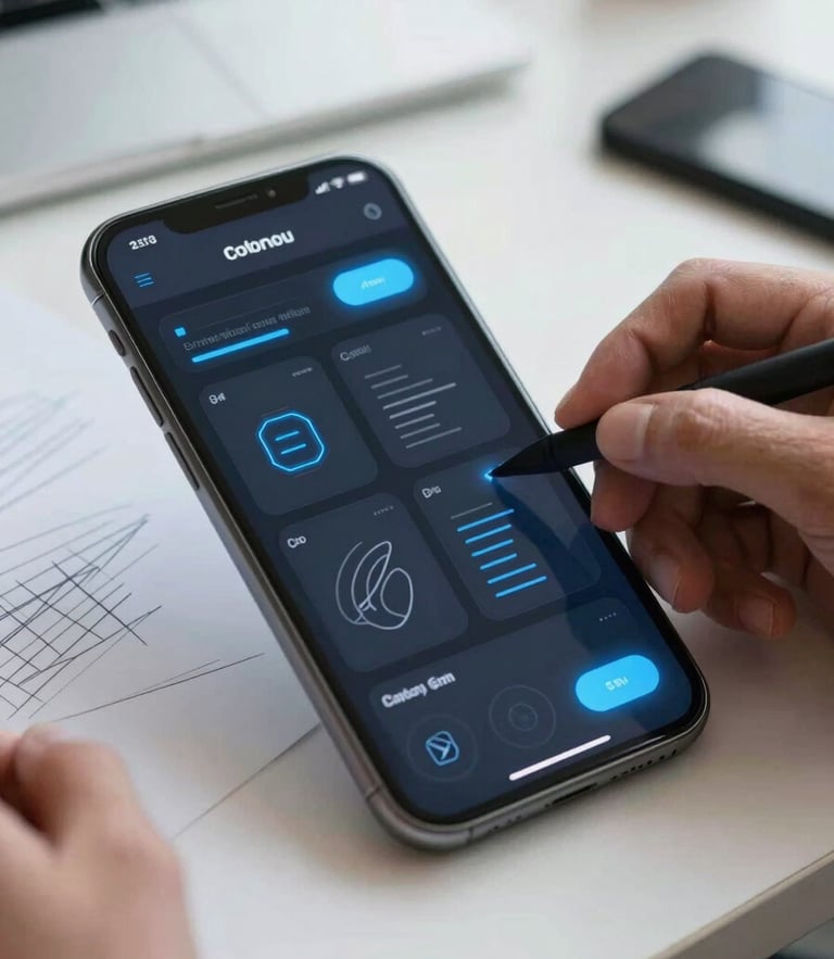 Close-up of a high-fidelity mobile UI design on a dark screen, glowing electric blue accents, hands sketching wireframes in a modern workspace in Cotonou
