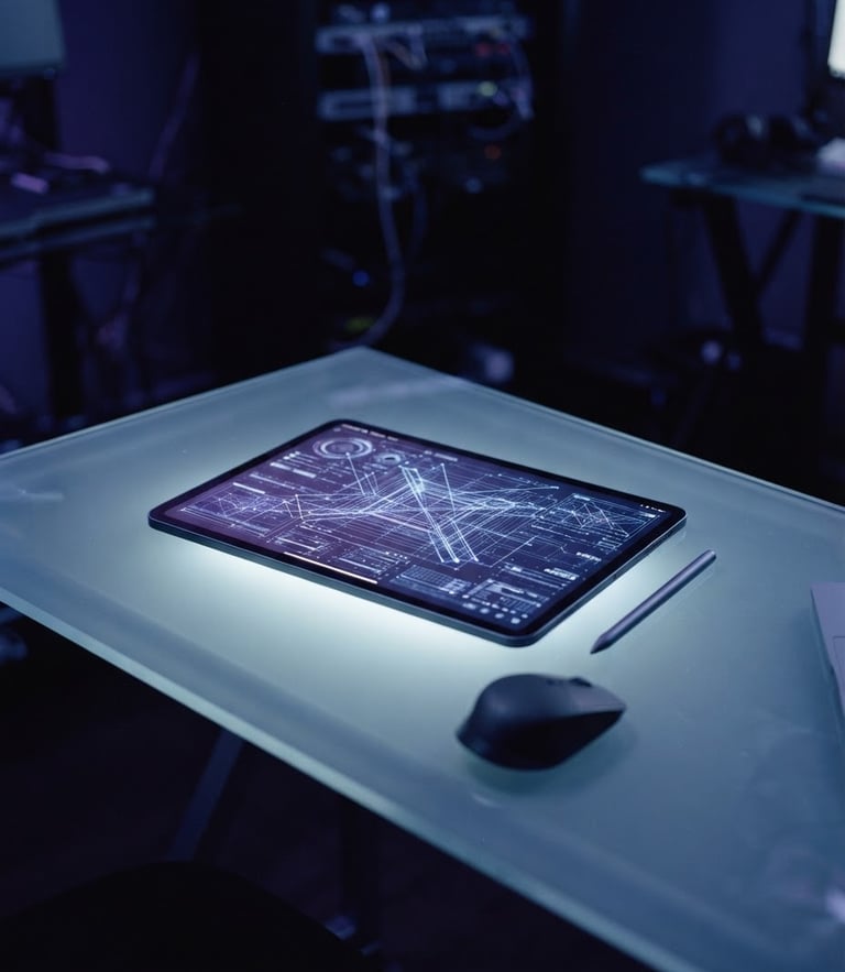 Medium close-up of a clean modern glass desk with a glowing tablet showing wireframes, dark moody studio lighting with subtle electric blue and violet backlights, 35mm lens