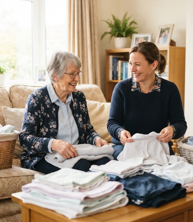 Warm natural window light, a smiling caregiver and a senior woman folding laundry together in a bright, clean living room, medium shot, 35mm lens.