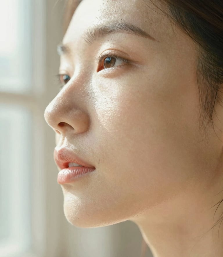Close-up of clean, glowing skin under soft morning window light, delicate textures, warm editorial photography, 35mm