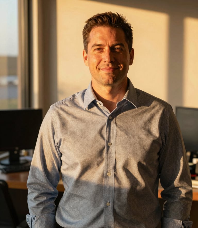 A warm golden-hour portrait of a Texas insurance agent in a natural, sunlit office setting, looking friendly and professional, 35mm lens