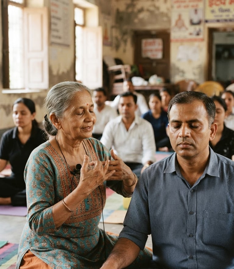 Close-up documentary shot of a local community workshop in Patna, an instructor guiding participants in a breathing exercise, soft natural window light, 35mm