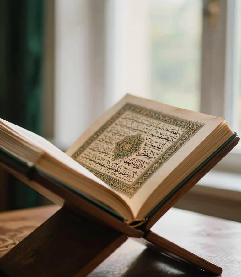 An open classical Islamic manuscript with elegant Arabic calligraphy, resting on a wooden book stand under soft, warm window light, shallow depth of field, 35mm