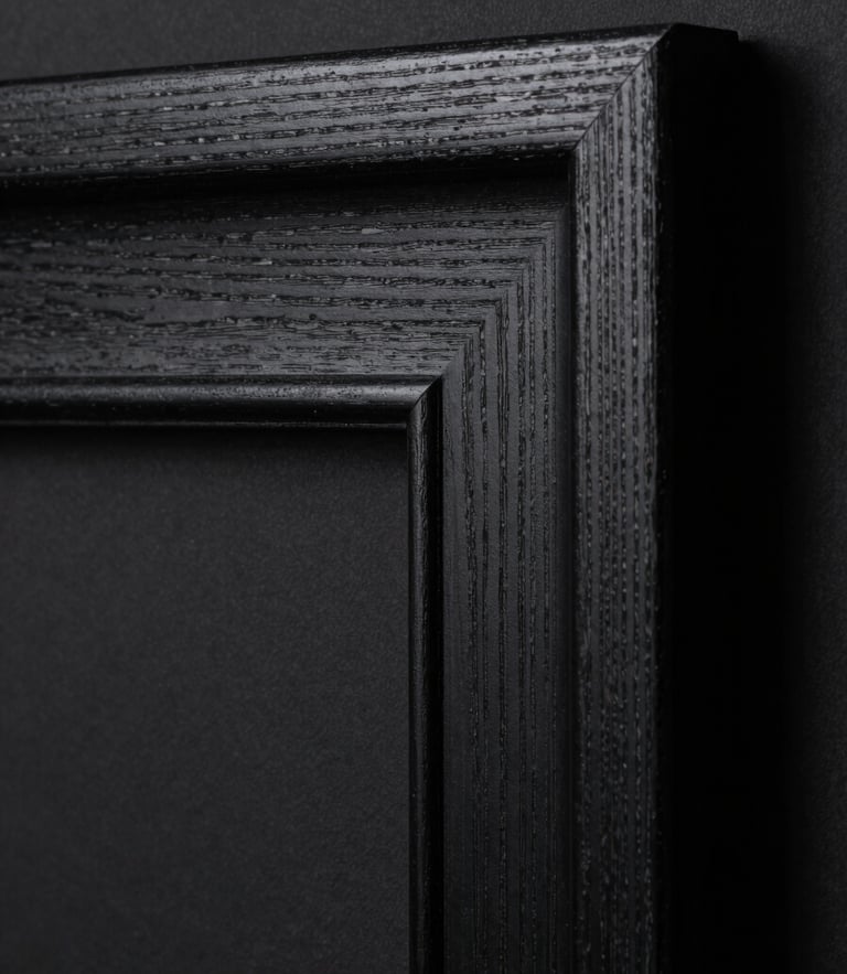 Extreme close-up of a black wooden frame corner resting against a dark studio wall, hard directional light highlighting the wood grain and deep chiaroscuro shadows.