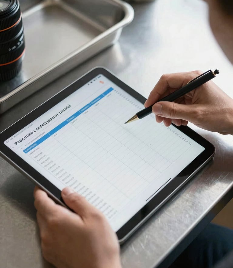 Close-up overhead shot of hands analyzing a digital inventory spreadsheet on a tablet next to a clean stainless steel prep sheet, bright natural lighting.