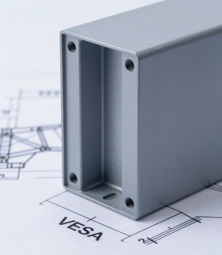 Technical CAD drawing of an industrial panel PC showing side profile mounting brackets and VESA mount holes, clean blueprint style with measurements.