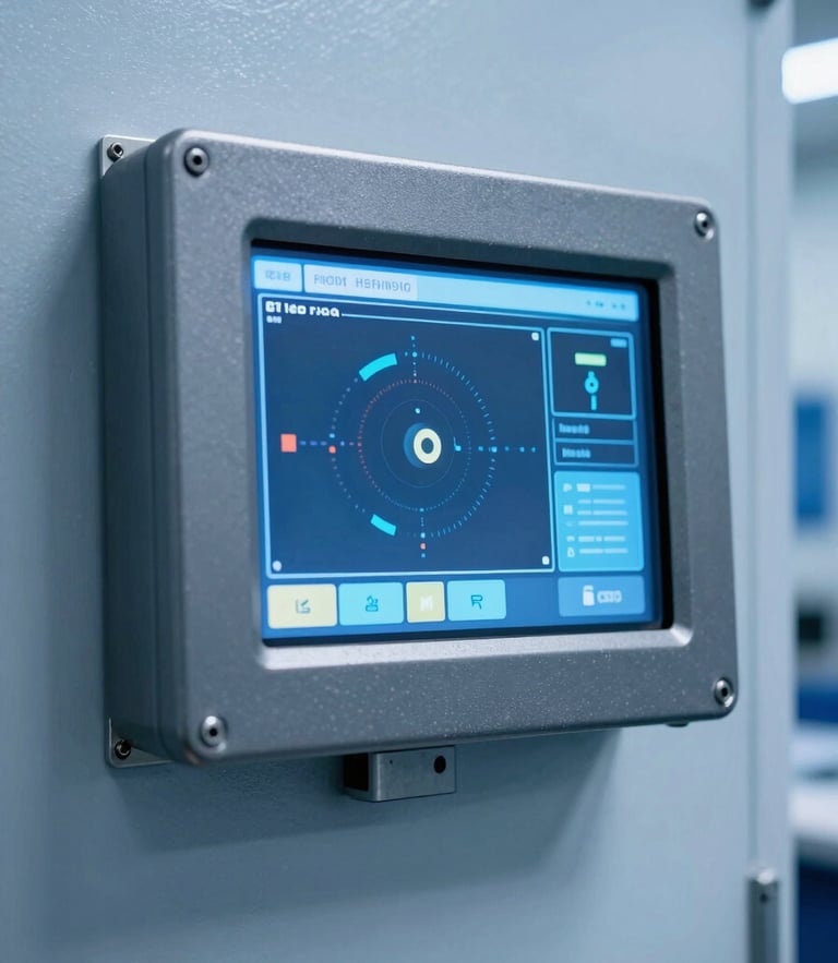 A rugged metal industrial touch monitor mounted on a cleanroom wall, displaying a high-contrast automation interface, cool blue studio lighting, sharp metallic details