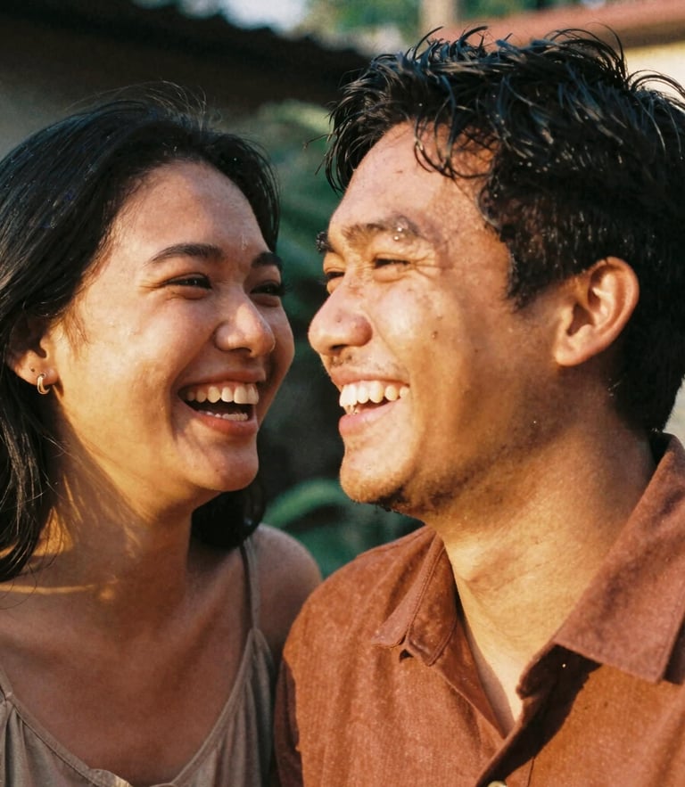 Intimate close up of a young Indonesian couple laughing together in warm golden hour sunlight, outdoor backyard setting, shallow depth of field, 35mm film texture