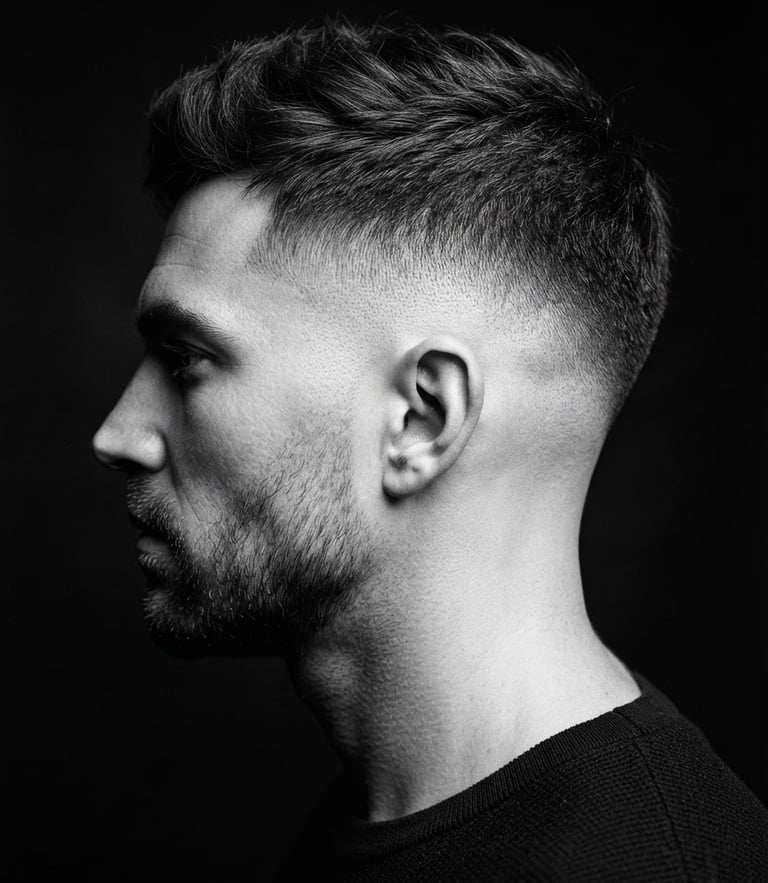 High-contrast black and white photography of a sharp hair fade, dramatic side-lit studio lighting, luxury minimalist mood, sharp focus, 35mm film