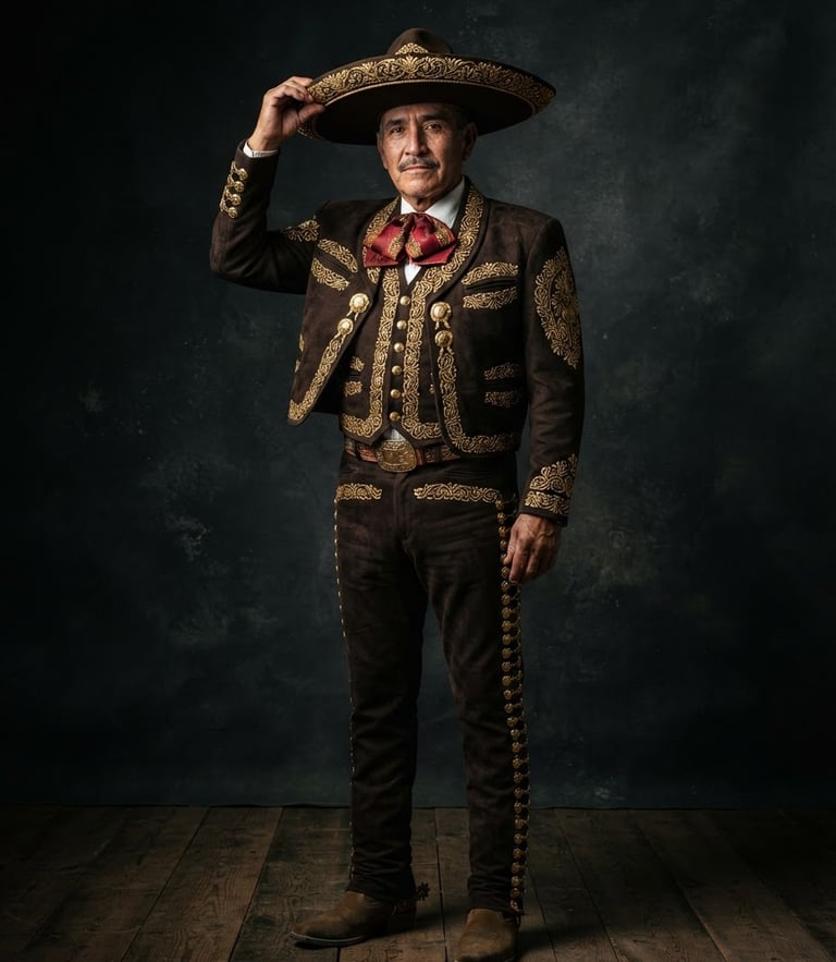 Elegant full-length portrait of a traditional charro suit on a dark textured backdrop, dramatic side-lit studio lighting, gold embroidery details gleaming, 85mm portrait lens