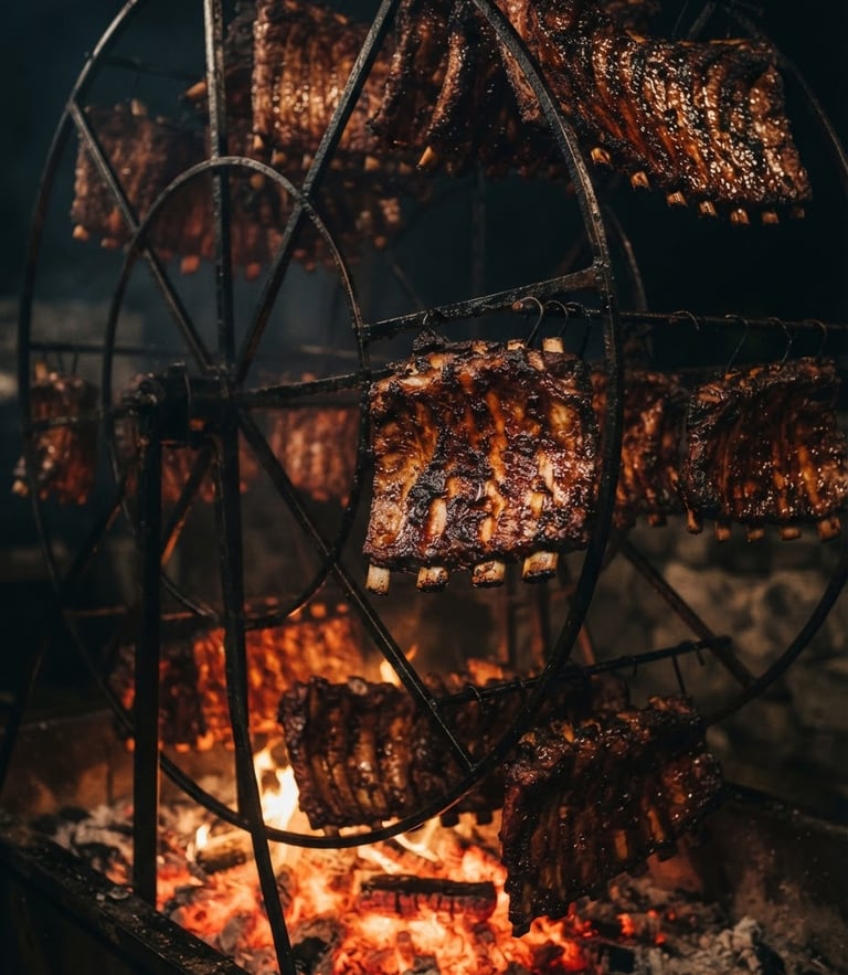 Dramatic low-key food photography, a massive custom metal rib Ferris wheel rotating slowly over glowing red acacia wood embers, rich golden light reflecting off caramelized meat crust, dark background.