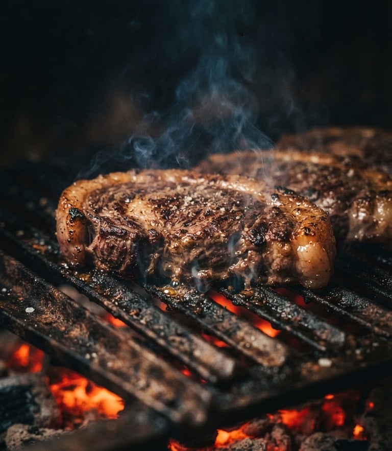 Dramatic low-key close-up of a rustic iron parrilla grill with glowing red embers underneath, thick cuts of premium picanha searing with light smoke, dark atmospheric background, warm embers light, 85mm lens, shallow depth of field.