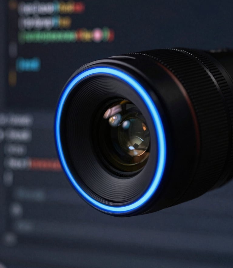 Extreme close-up of a high-resolution code editor on a dark monitor, neon blue rim lighting, sharp contrast, macro lens, 35mm