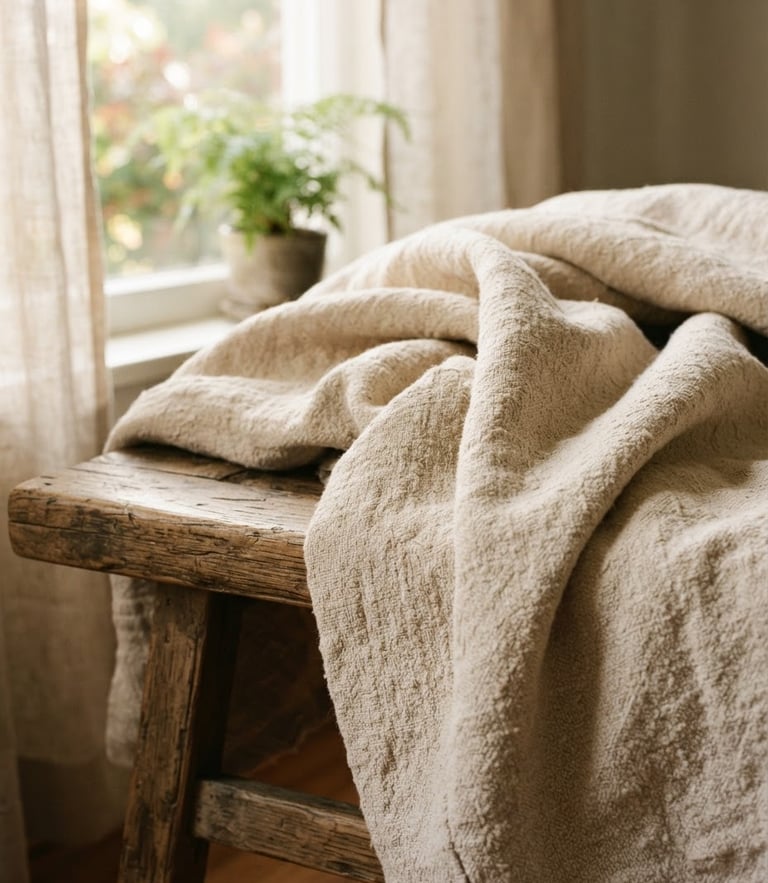 Soft morning window light illuminating a heavy-weight unbleached cotton quilt draped over a rustic wooden bench, showing rich slub texture and natural folds.
