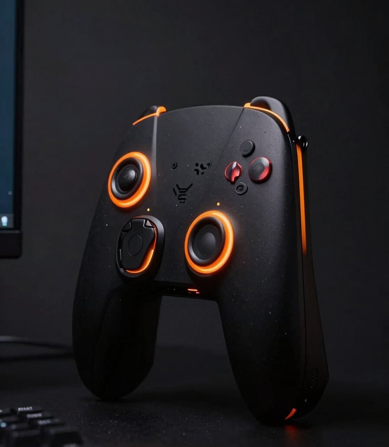Dramatic low-key gaming setup, sharp orange rim lighting, dark charcoal background, high-contrast, 50mm