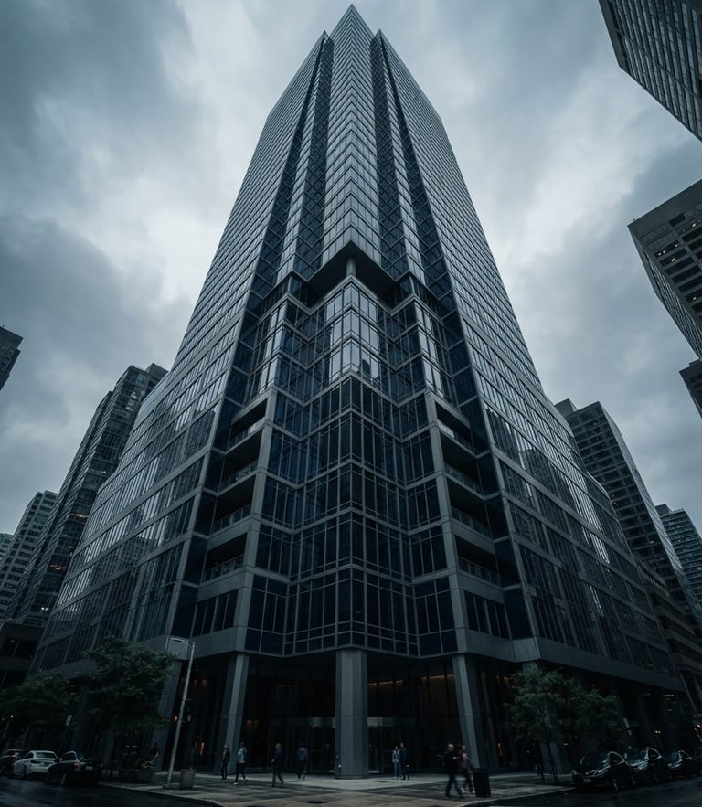Low-angle architectural shot of a modern glass office tower reflecting cool overcast daylight, sharp geometric shadows, 35mm cinematic