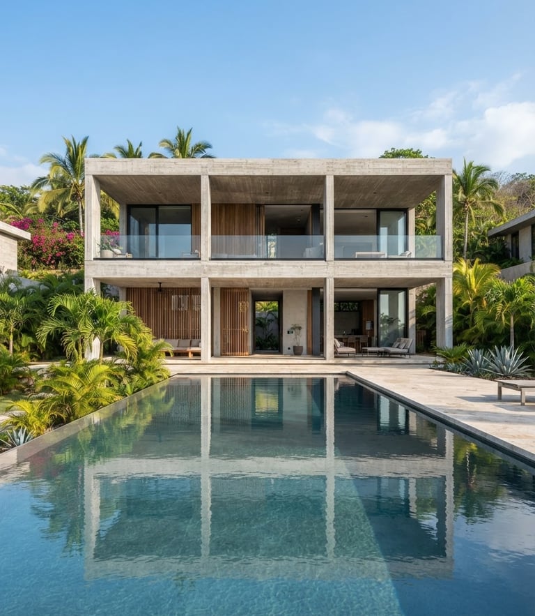 Straight-on architectural elevation of a modern concrete villa in Punta de Mita, bright tropical daylight, clean geometric lines, pristine pool reflection.