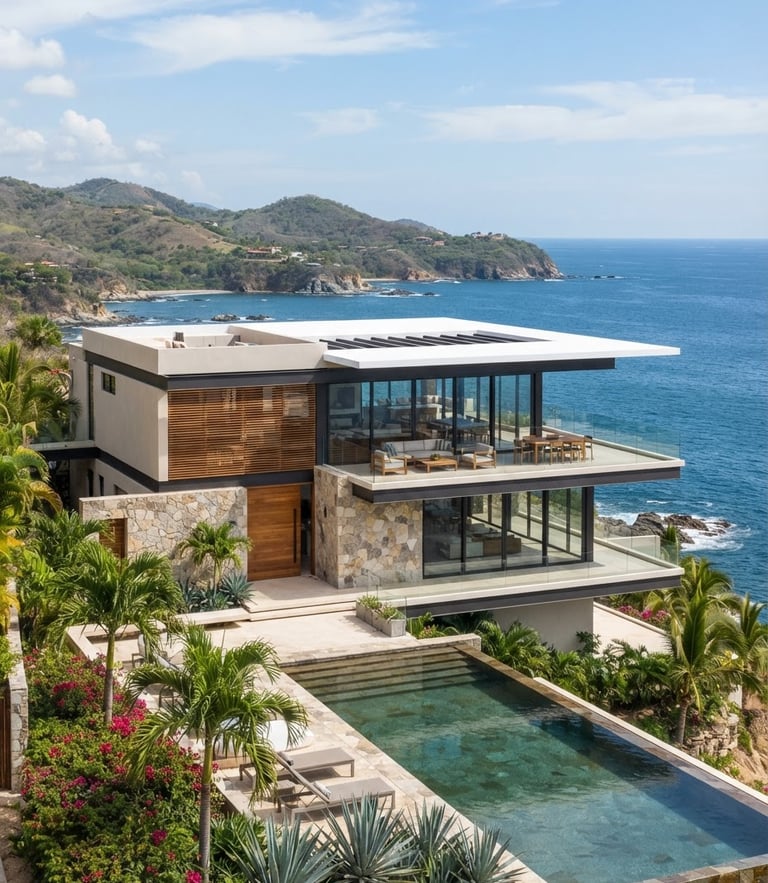 A striking modern coastal villa elevation in Punta de Mita, clean architectural lines, bright natural daylight, sharp focus