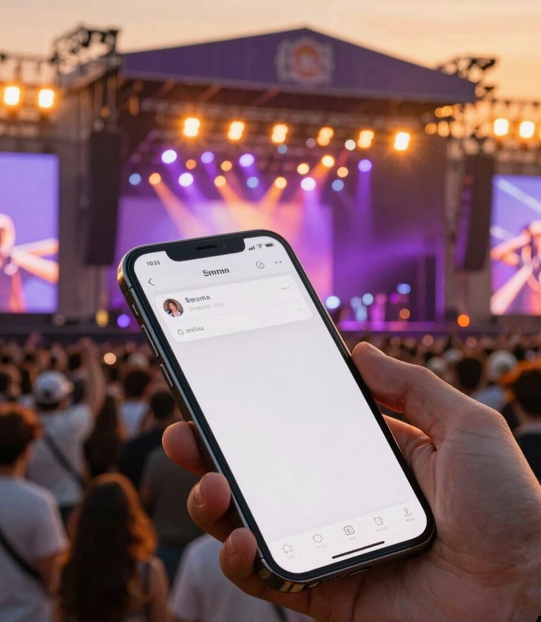 Cinematic low-angle shot of a massive music festival stage at golden hour, vibrant purple and orange lights cutting through a hazy crowd, modern smartphone mockup floating in the foreground showing a clean interface, 35mm photography