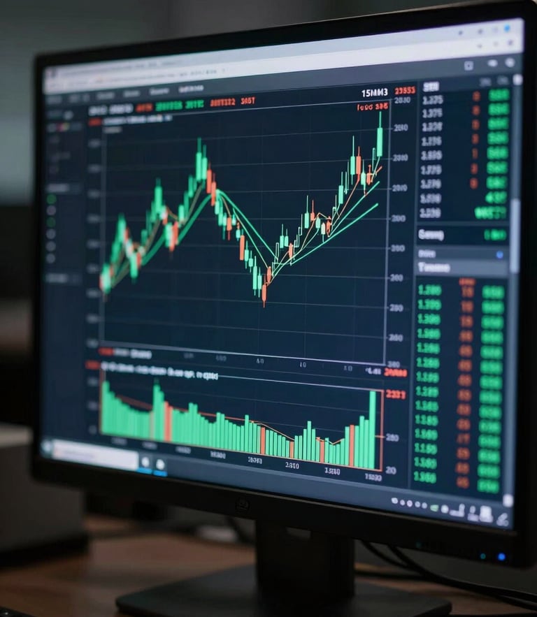 Close-up of a high-resolution trading monitor displaying live candlestick charts and technical indicators in a dark room with cool emerald screen-glow, shallow depth of field, 35mm