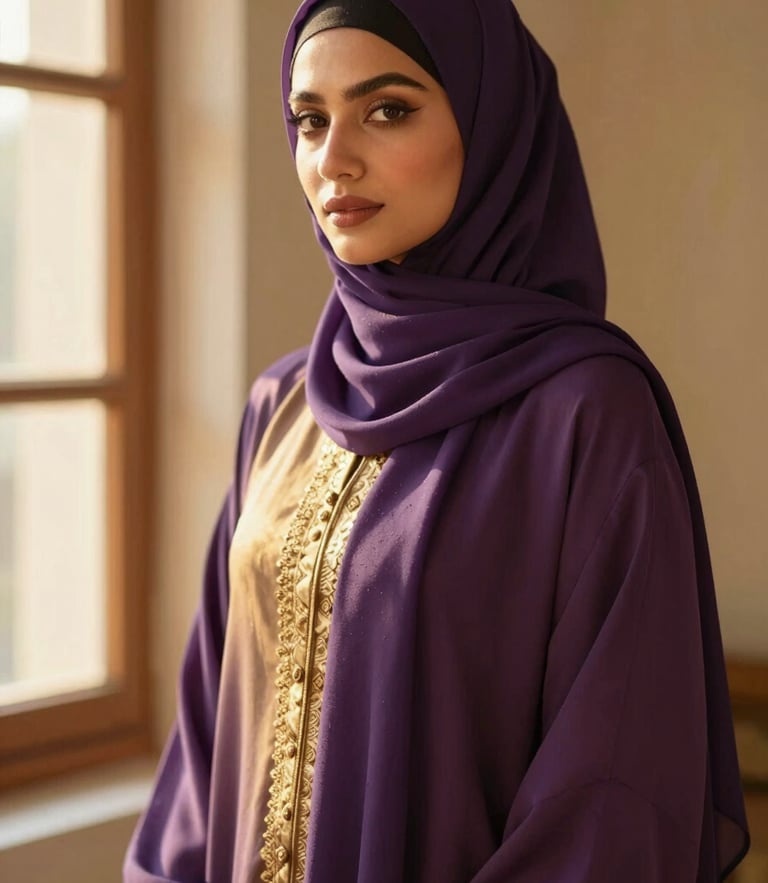 Elegant Muslim model wearing a beautifully styled abaya and hijab, soft golden-hour window light, highlighting fabric drape.