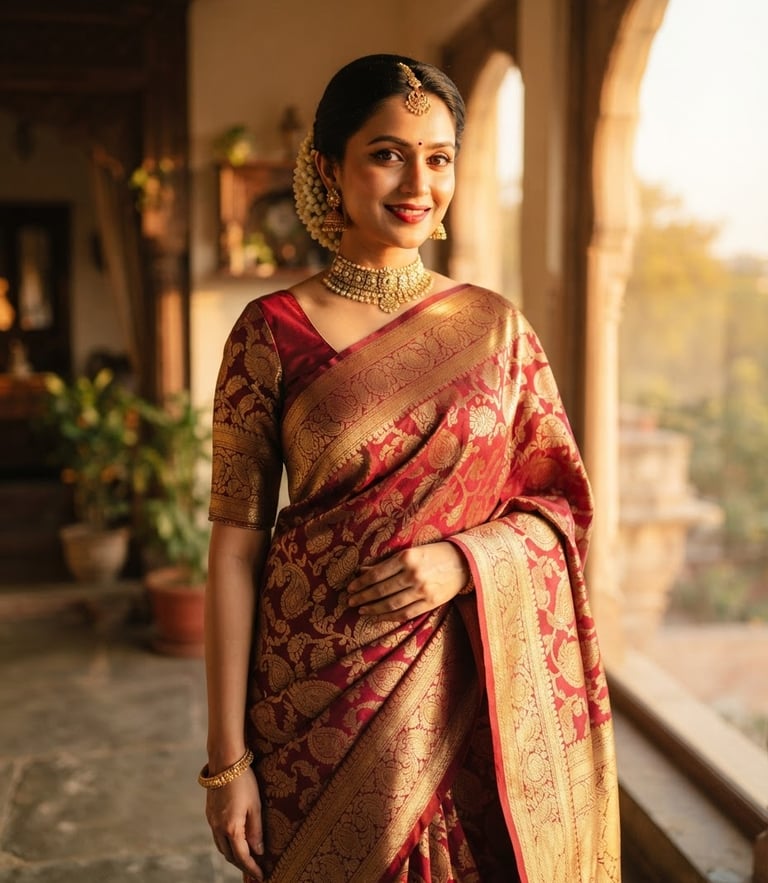 A portrait of an elegant woman wearing a rich crimson handloom saree with gold zari work, draped gracefully, soft directional golden-hour light.