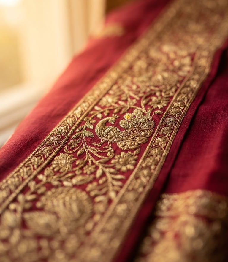 Close-up macro shot of intricate gold zari borders on a deep crimson silk saree, warm golden-hour window light, shallow depth of field.