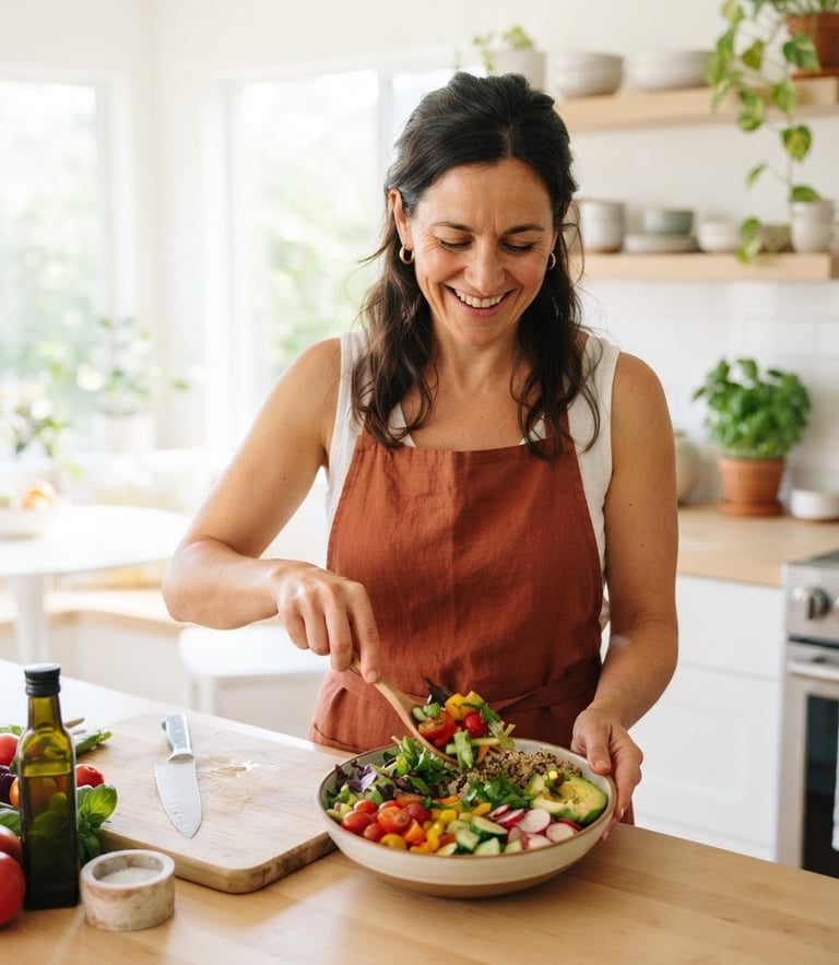 A bright, clean kitchen in morning light, a woman smiling while preparing a colorful vegetable bowl, shallow depth of field, 35mm