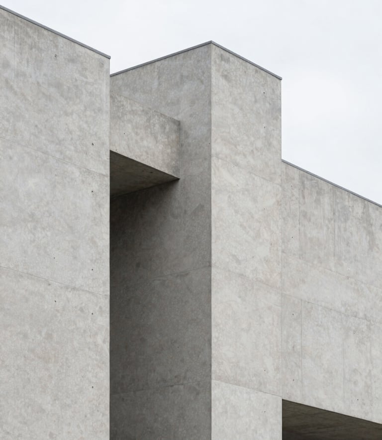 Abstract architectural concrete structure with clean lines and sharp angles, bright diffused daylight, neutral gray tones, 35mm photography