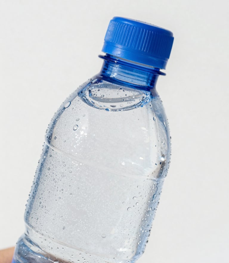 Crisp close-up of a condensation-covered water bottle being held in bright high-key natural daylight, clean blue and white tones, sharp focus.
