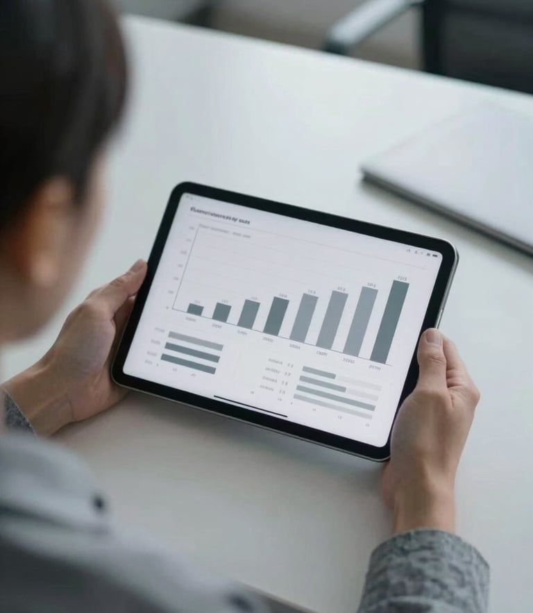 Over-the-shoulder shot of a strategic financial planning session, tablet showing clean gray charts, soft natural office light, cool slate tones, 35mm
