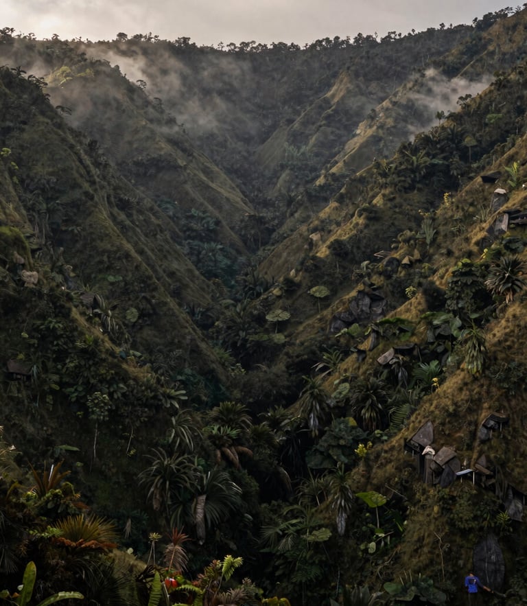 Wide environmental shot of a rugged Colombian mountain landscape at dawn, mist rising between deep green forest ridges, natural light, authentic documentary style.