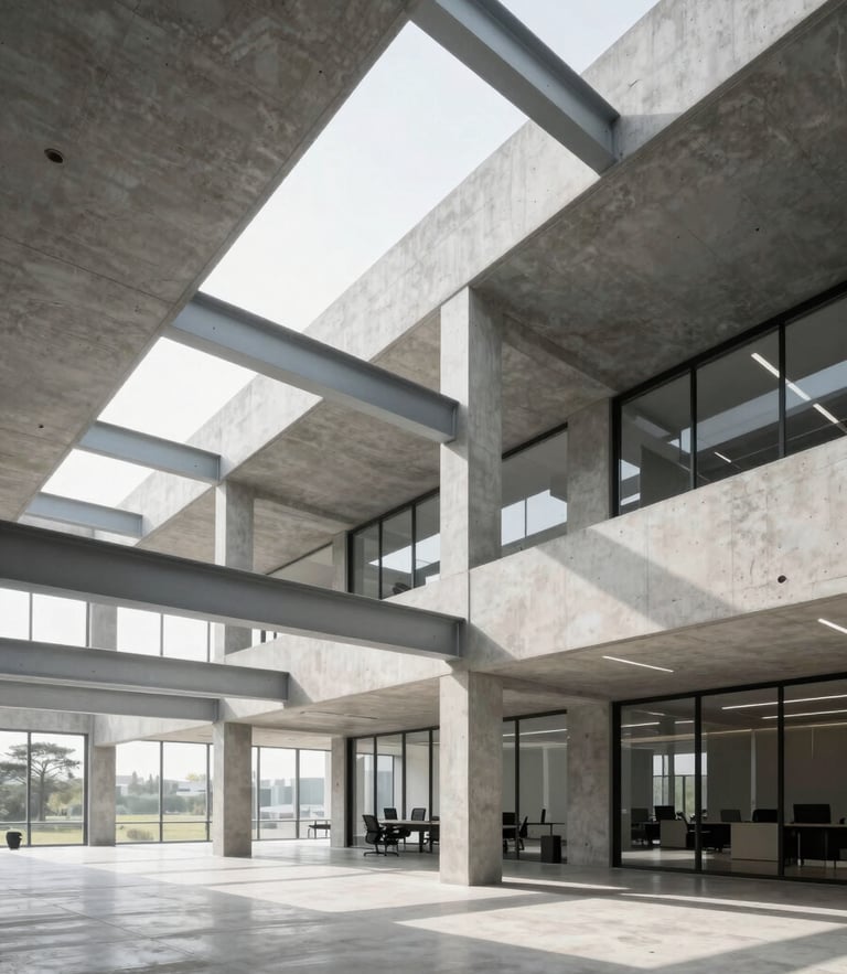 Wide angle of clean modern office architecture, concrete and steel geometry, bright daylight, minimal aesthetic.