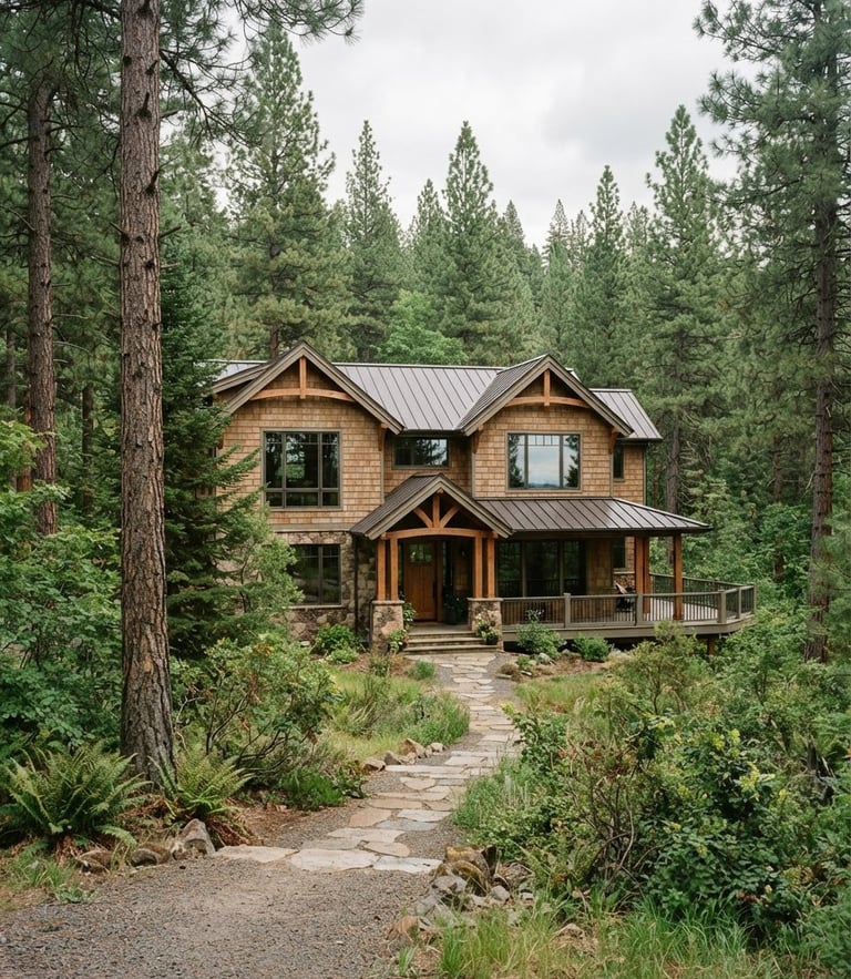 Crisp outdoor photography of a beautiful Southern Oregon home nestled in pine trees, soft overcast daylight, natural forest greens.