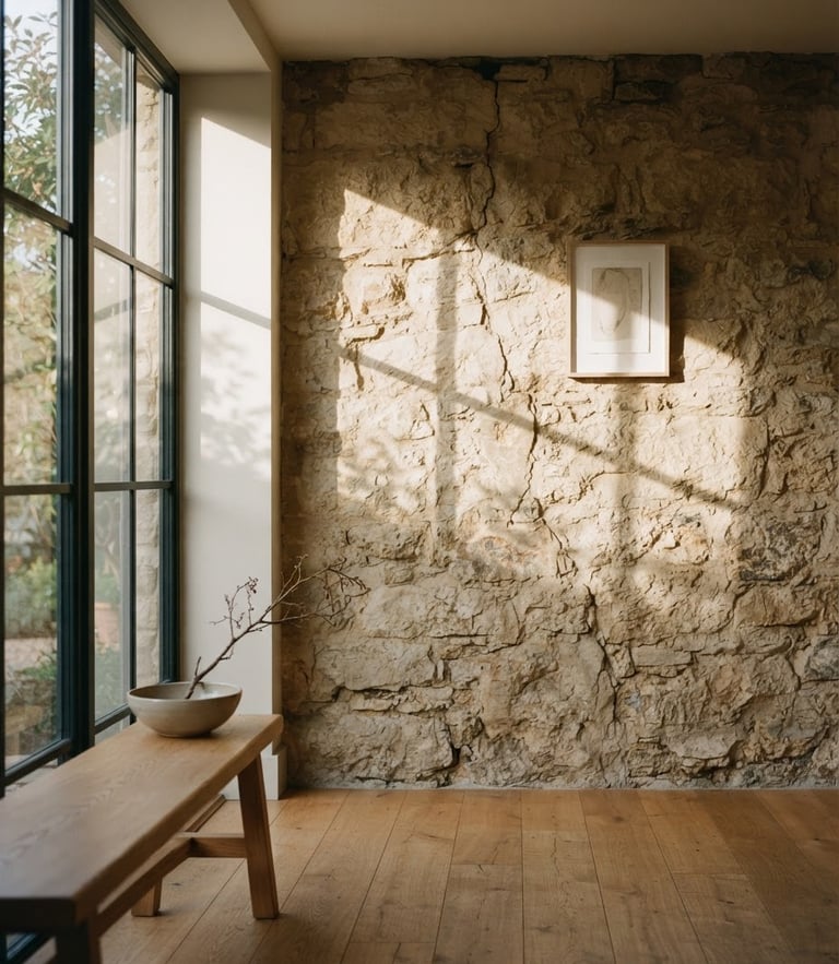 Warm editorial photography of a serene architectural space, soft afternoon window light casting shadows on a tactile stone wall, minimalist and organic, 35mm