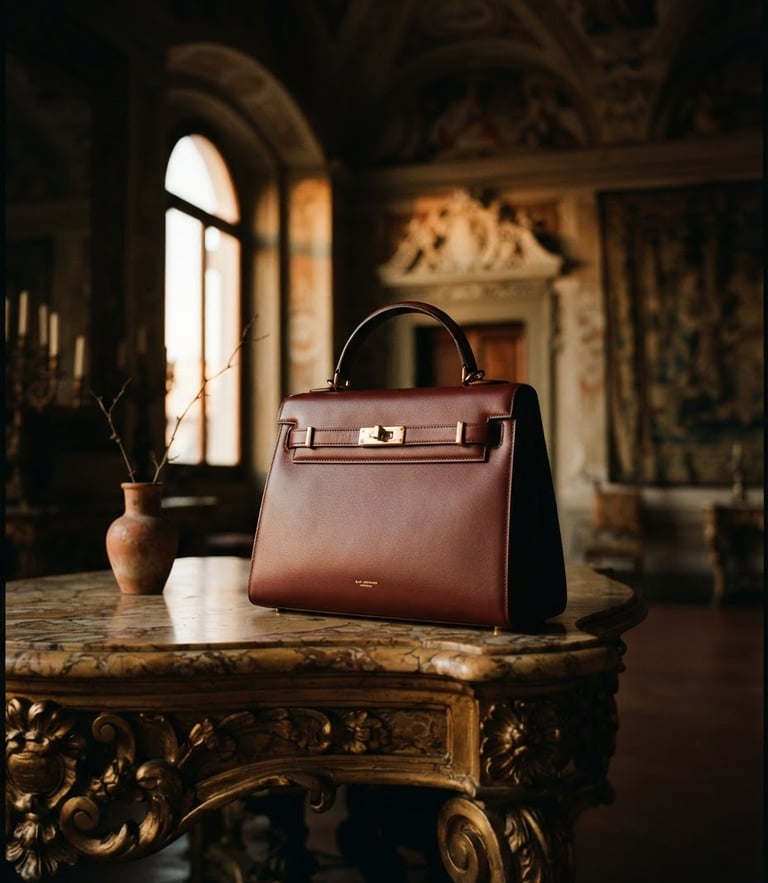 Low-key cinematic fashion photography of a structured oxblood leather bag resting on a gilded marble console inside a grand historic Florentine palazzo, warm golden-hour chiaroscuro shadows, 35mm film grain