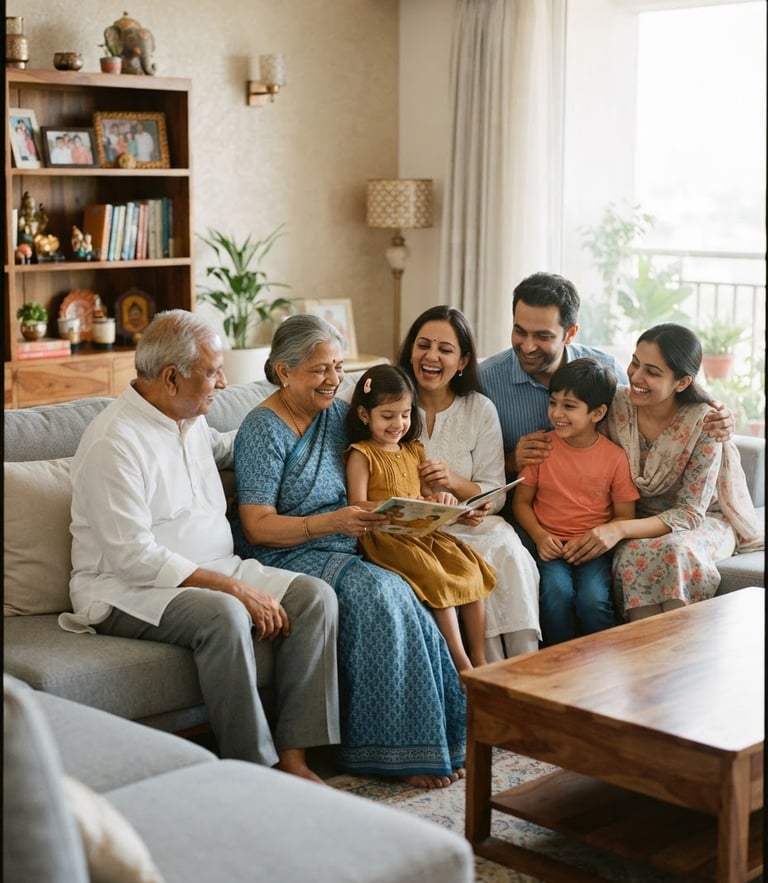 A warm environmental portrait of a multi-generational Indian family sitting together in a brightly lit modern living room, soft natural daylight, authentic 35mm photography