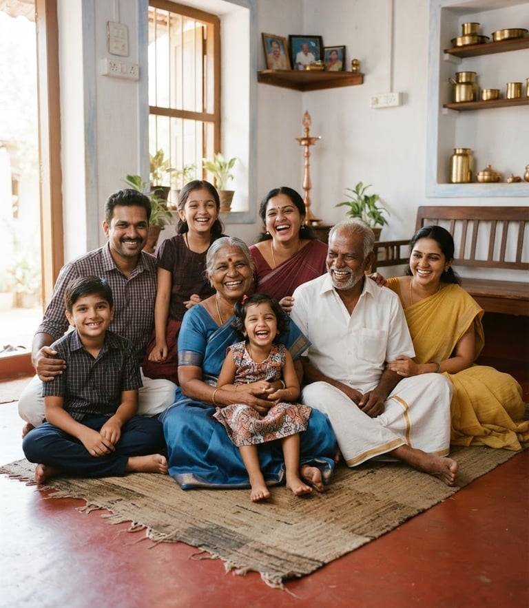 A warm, genuine portrait of a multi-generational Indian family sitting together in their sunlit home in Tamil Nadu, smiling naturally, bright daylight, 35mm photography