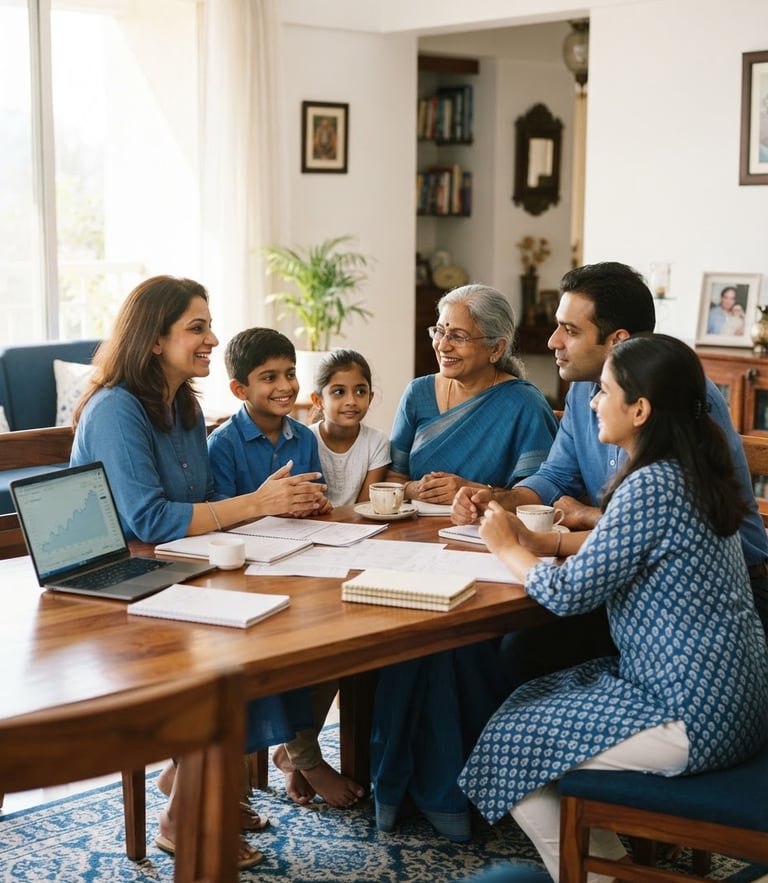 Warm environmental portrait of an advisor speaking with a multi-generational Indian family in a bright, sunlit room, 35mm editorial photography, clear blue and white tones
