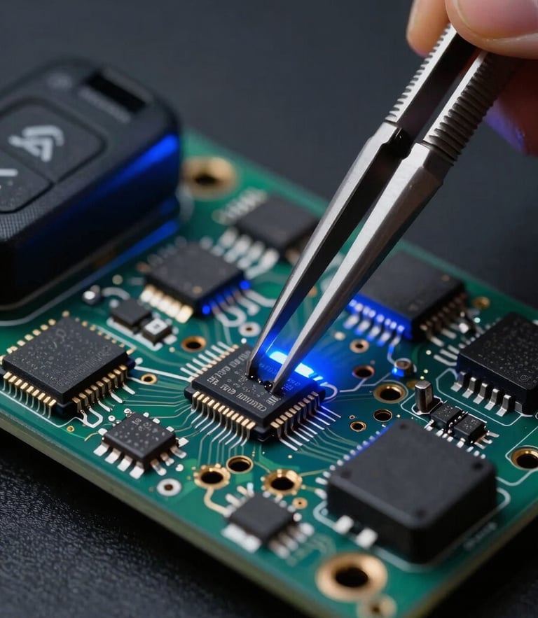 Extreme close-up of a technician transplanting a small 8-pin EEPROM chip from a broken car key board to a clean new circuit board, precision tweezers, blue backlighting